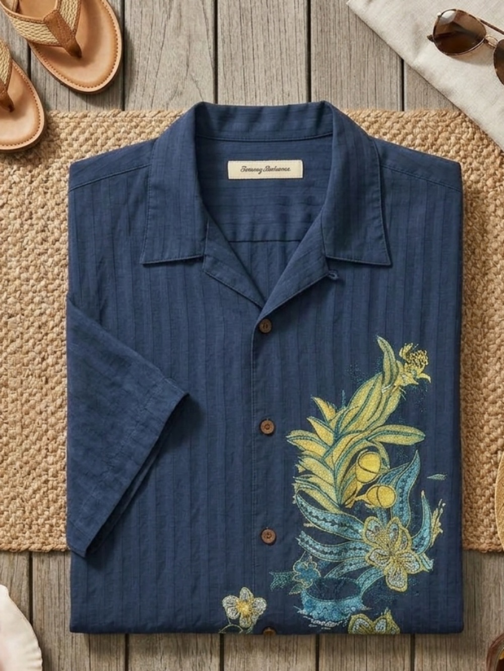 Tommy Bahama Bungalow Blues Embroidered Silk Camp Shirt Men's XL Navy